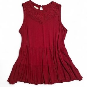Burgundy Babydoll Sleeveless Blouse With Lace Detail